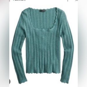 J CREW NWT Scalloped Square Neck Pointelle Sweater Merino Wool Teal Green Large